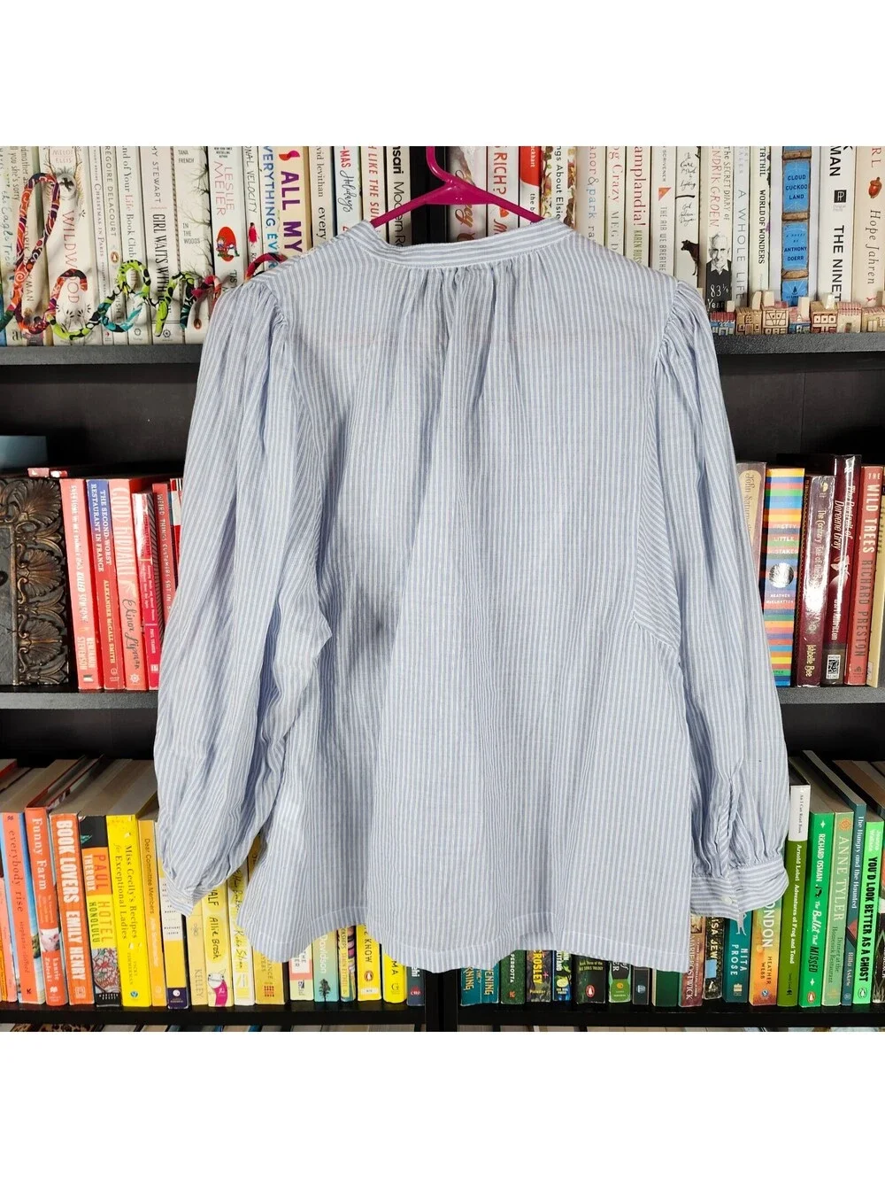 Style & Co Blue White Stripe Peasant Blouse Medium Lace Trim Puff Sleeve - Picture 5 of 5